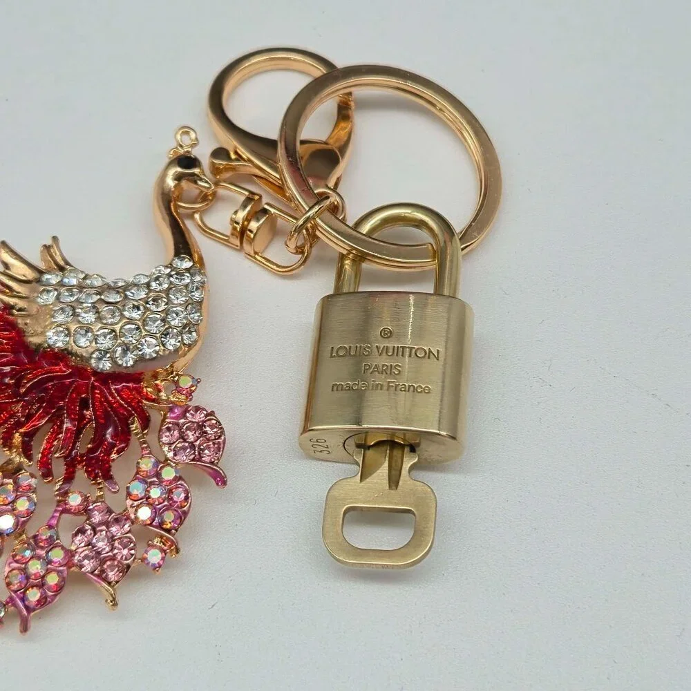 LV Authentic Gold Lock & Key 🔑 Luxury Bag Charm w/ Unbranded Peacock Keychain